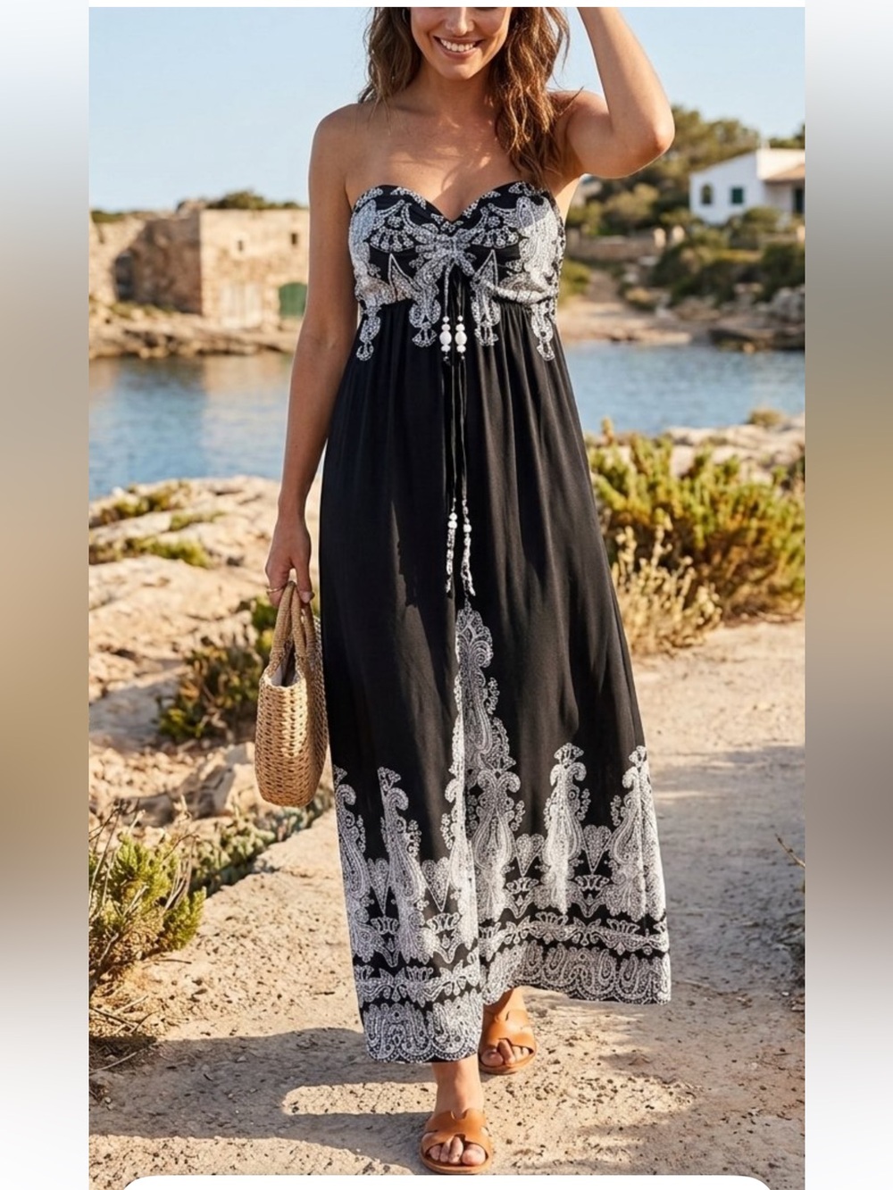Black And White Paisley-Print Strapless Maxi Dress Beaded Tie Boho Large